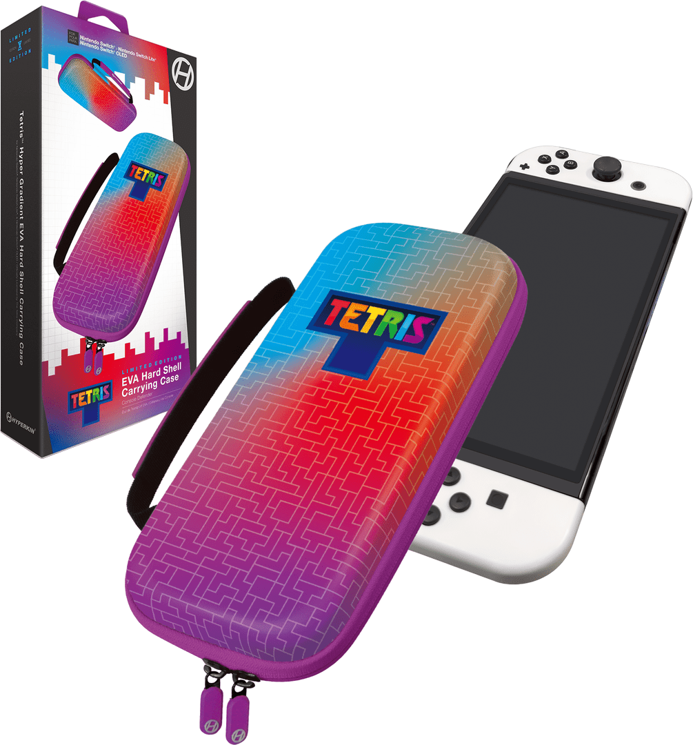 Tetris Nintendo Switch-Hülle in einer Box. Hülle hat Farbverlauf mit Tetris-Logo.