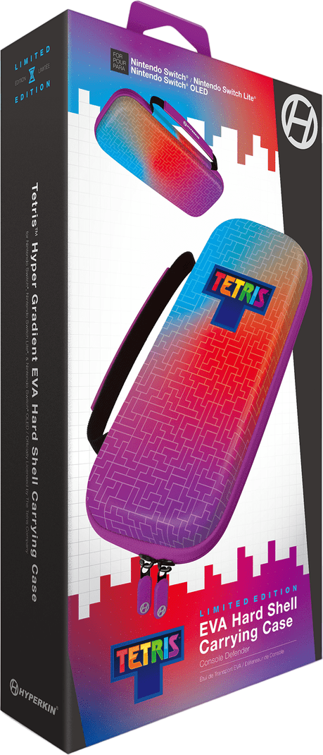 Box mit Tetris-Tragetasche. Gehäuse rot/lila Farbverlauf, mit Tetris-Logo. Für Nintendo Switch/OLED.