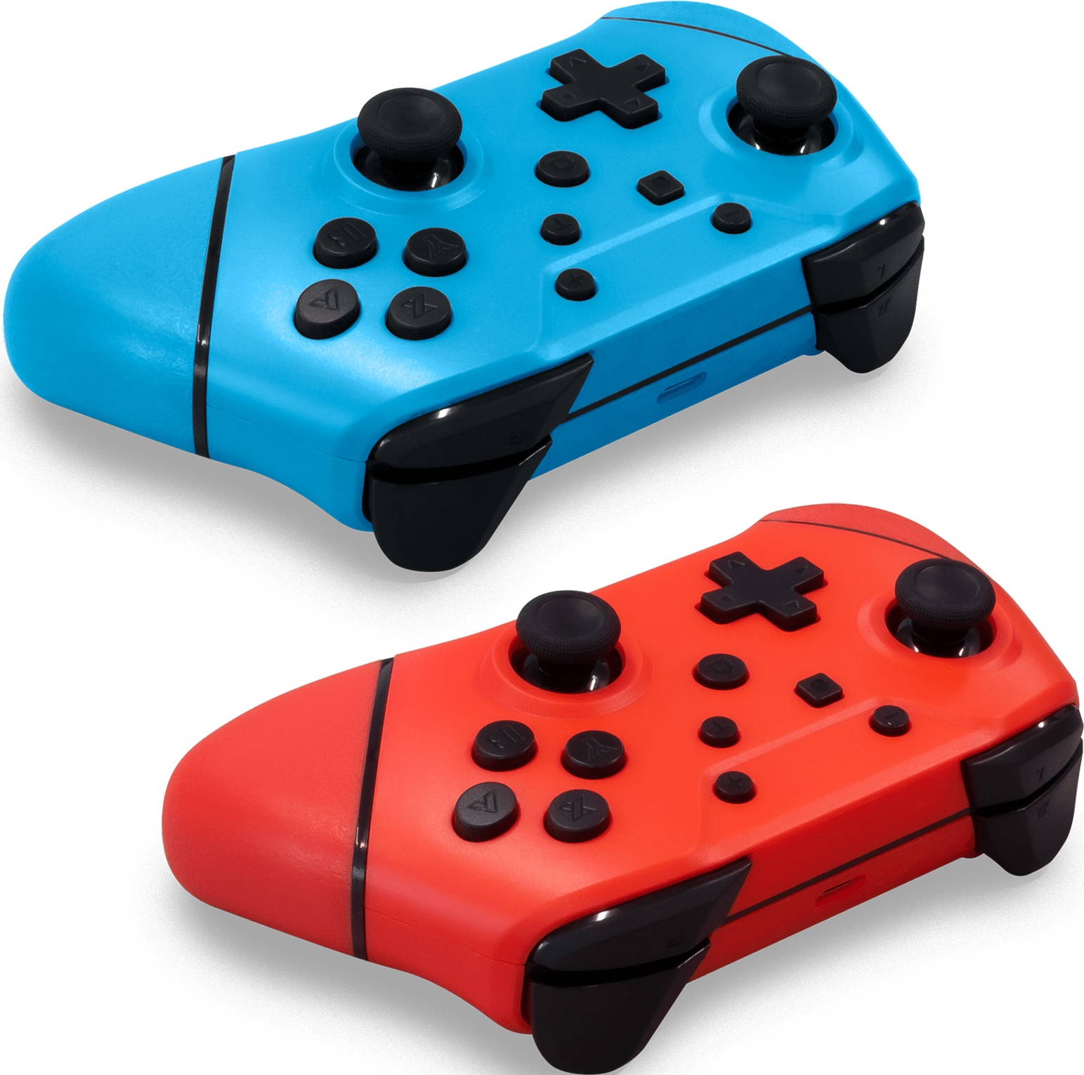 Deux manettes de jeu : bleue et rouge. Chacune a des boutons et des joysticks.