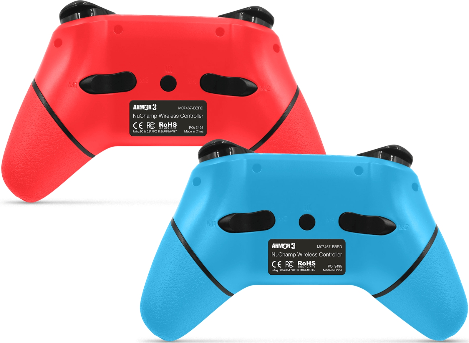Deux manettes de jeu, une rouge, une bleue, avec des boutons noirs et le mot 'ARMOR 3'.