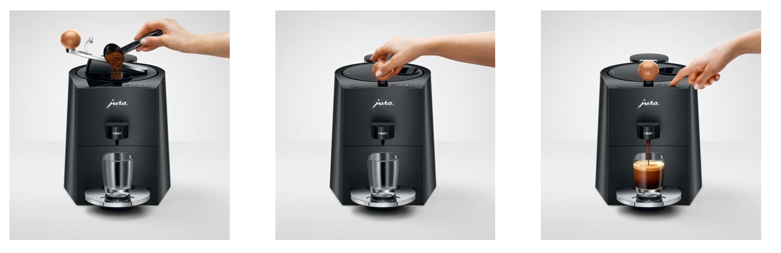 Drei Bilder einer schwarzen Jura Kaffeemaschine in Gebrauch. Eine Hand gibt Kaffee hinzu, dann wird der Deckel geschlossen, und Kaffee fließt.
