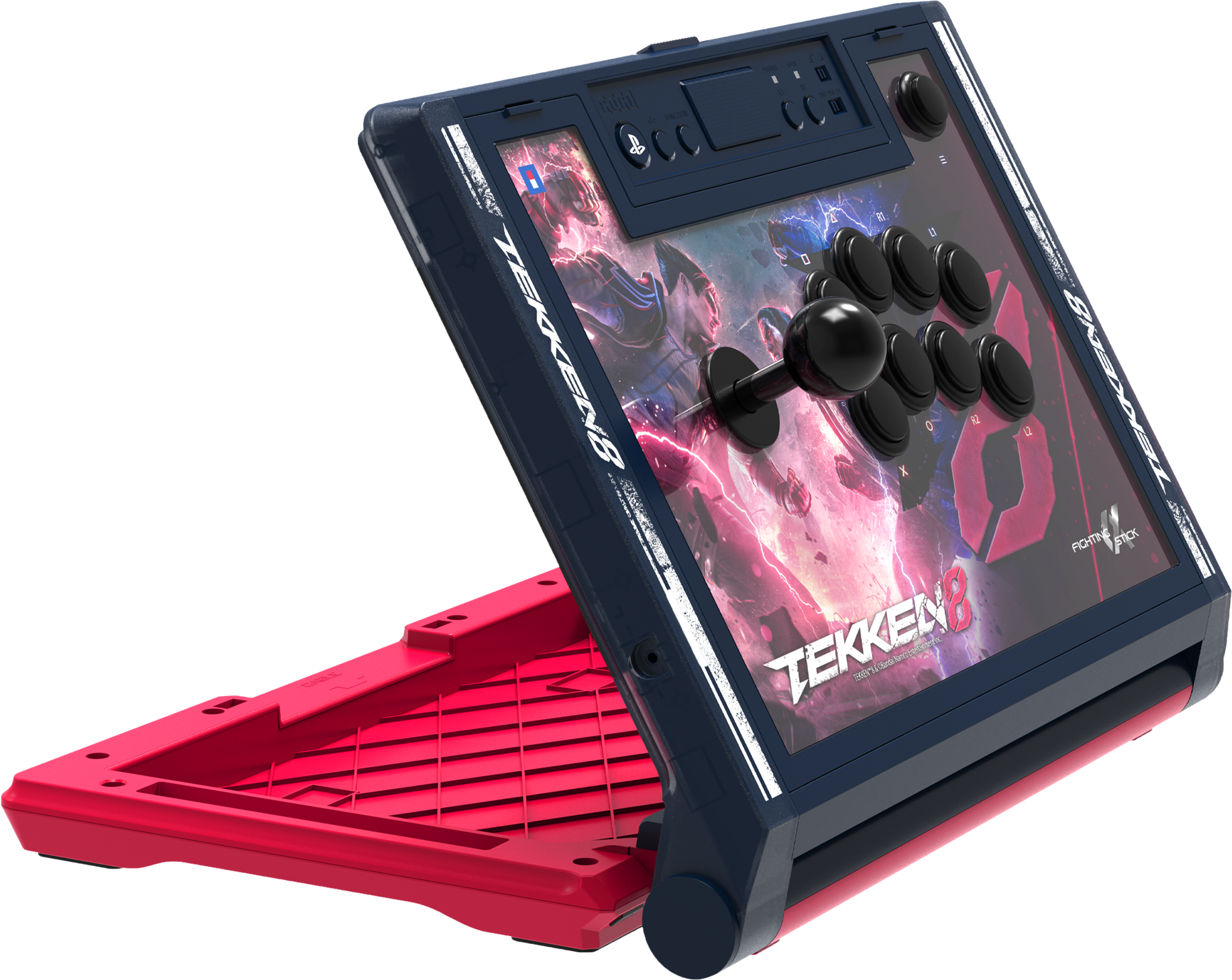 Ein blauer und roter Tekken 8 Kampf-Stick-Controller, auf weißem Hintergrund.