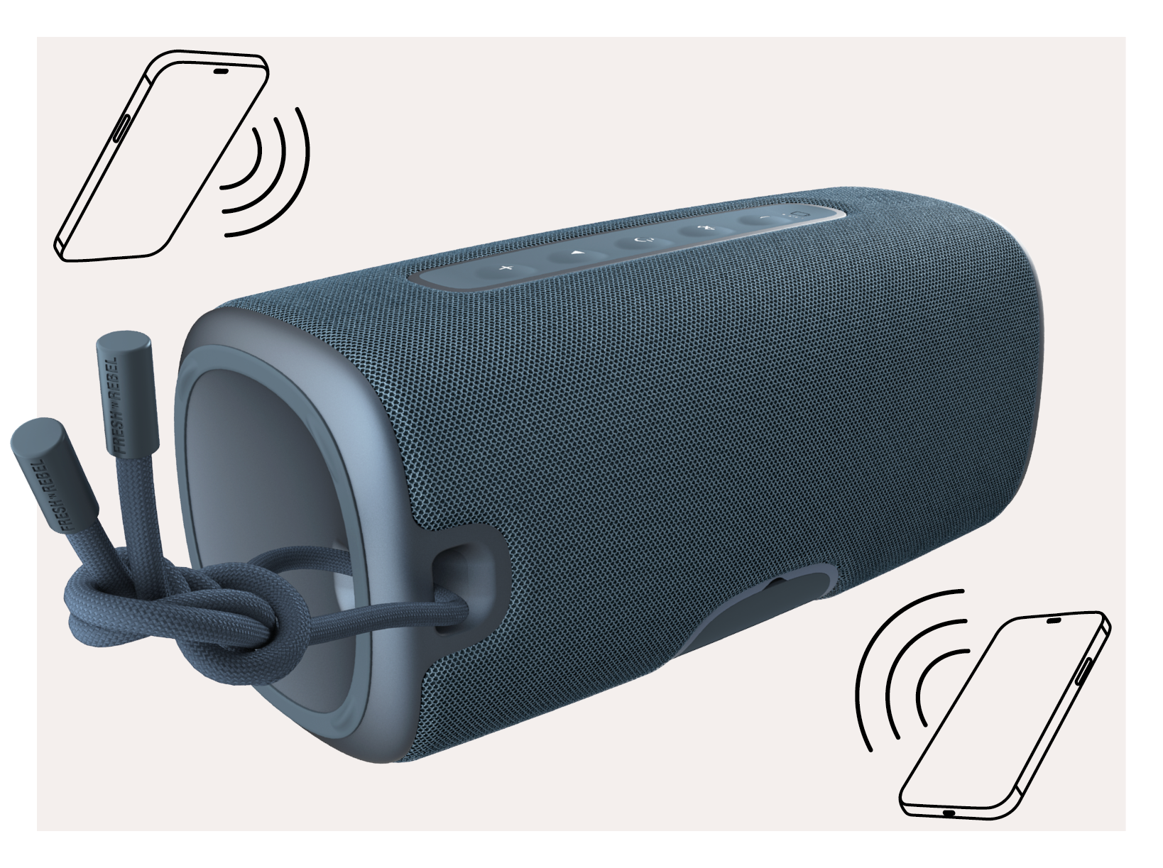Blauwe speaker met een blauwe knoop van snoeren en twee telefoons met draadloze symbolen.