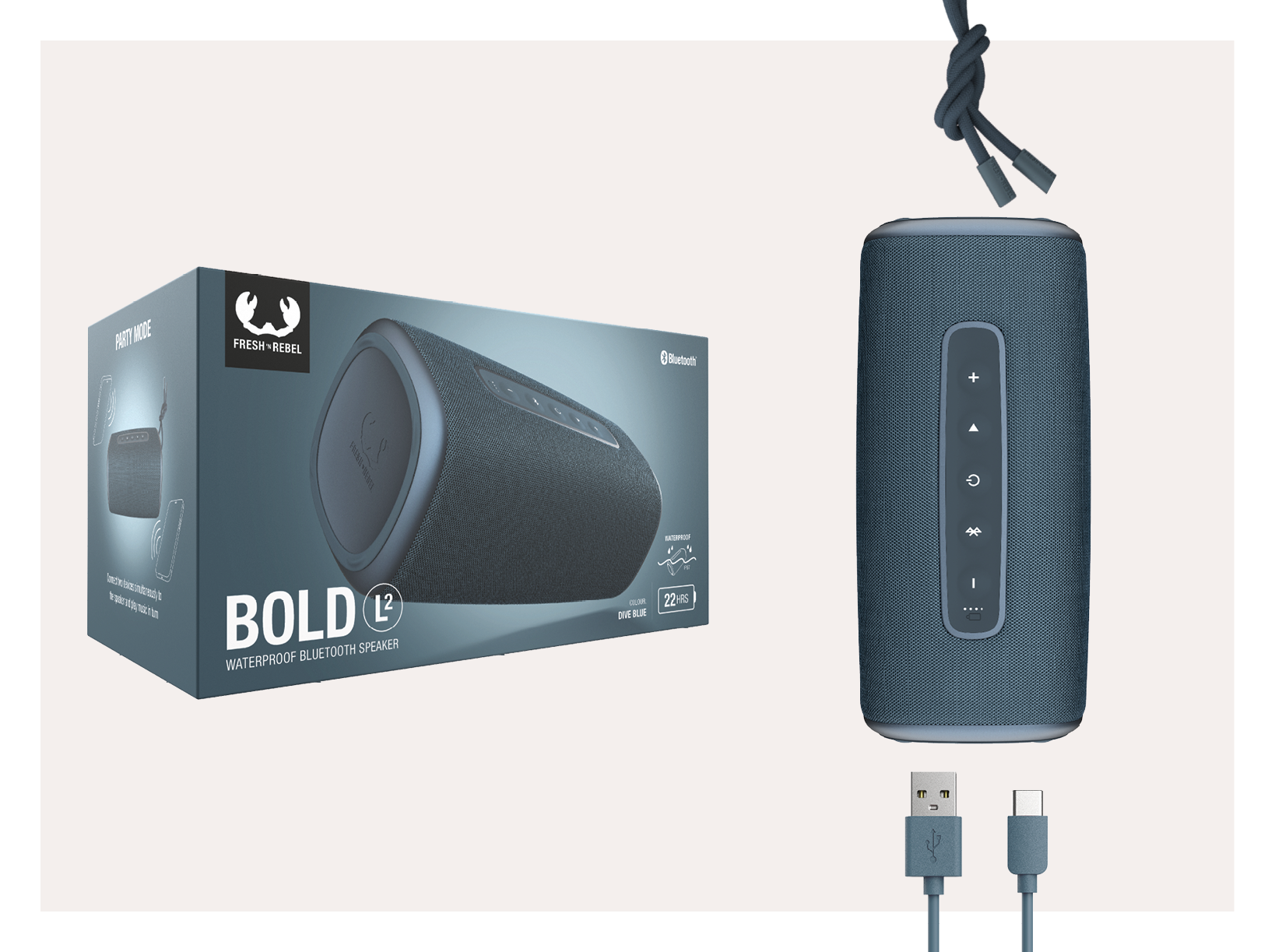 Blauwe luidspreker en verpakking, met kabels. Tekst en logo, Bluetooth, waterdicht.