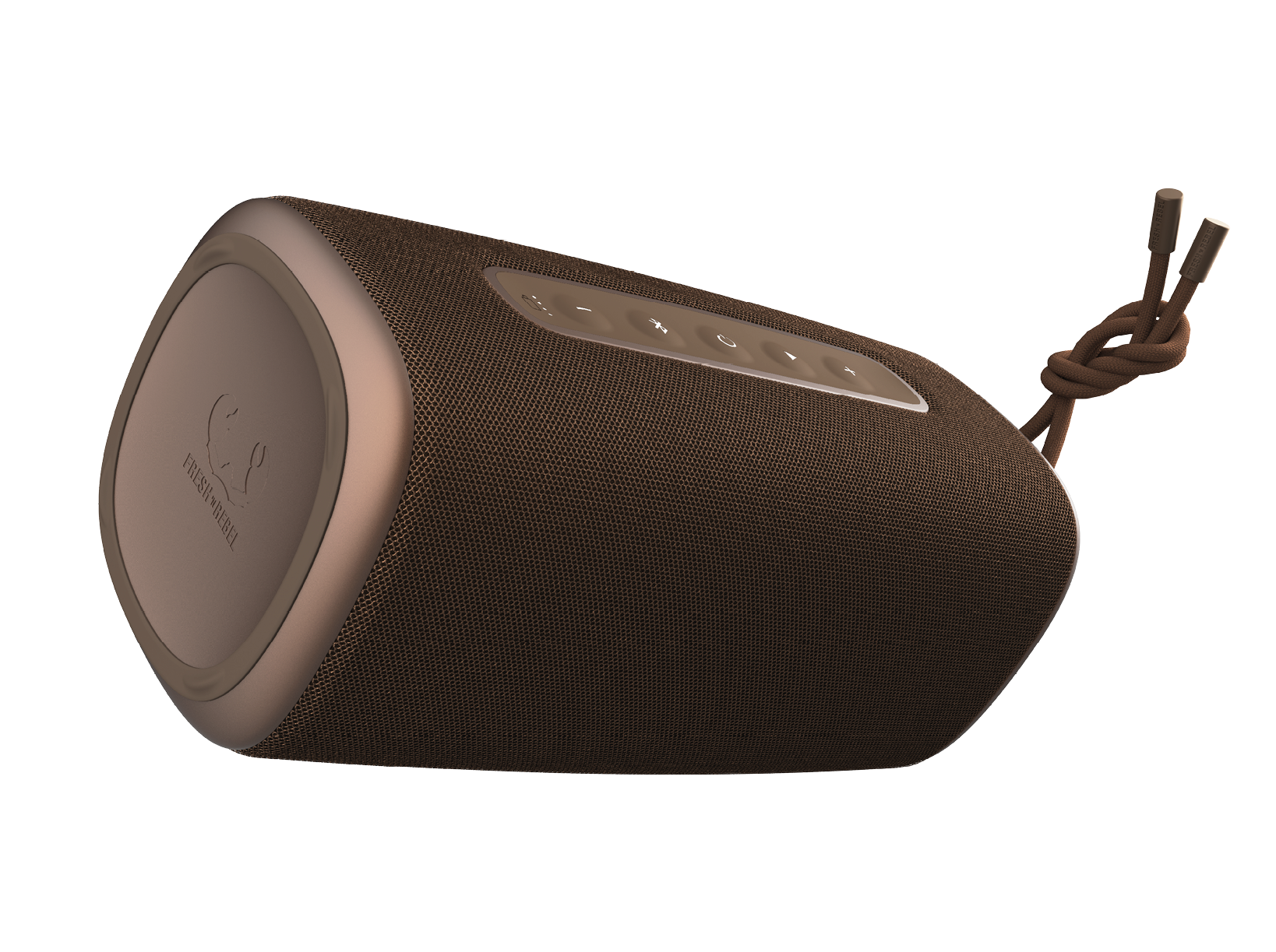 Bruine, ovale Bluetooth-luidspreker met knoppen aan de bovenkant. Bruin touwhandvat.
