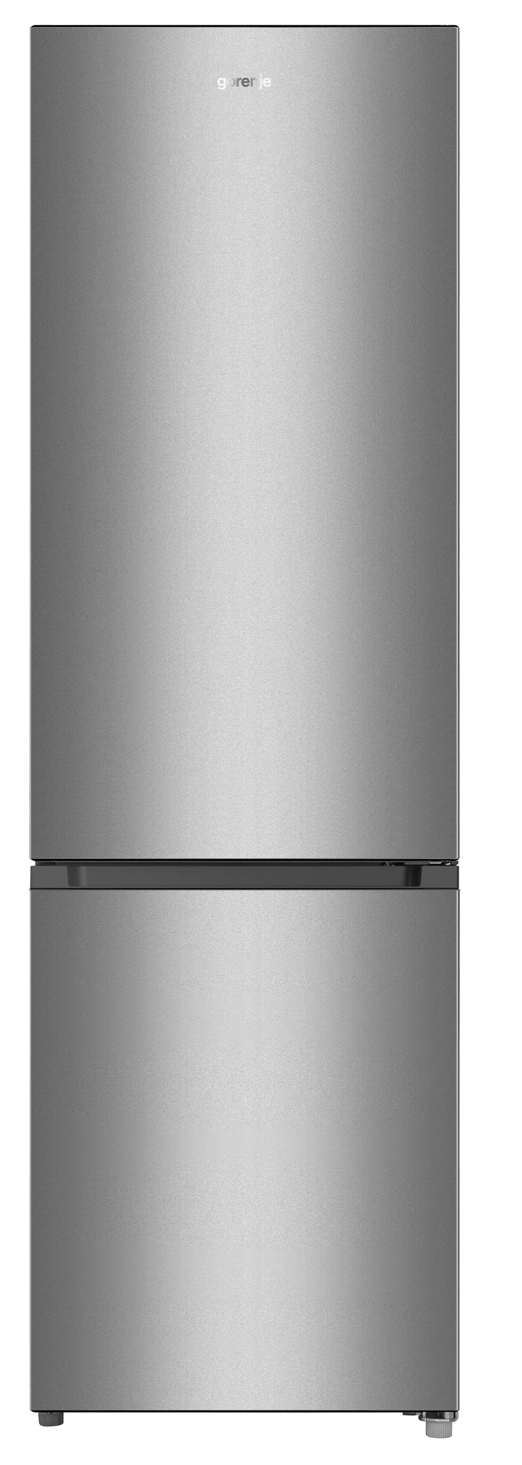 Ein silberner Gorenje-Kühlschrank. Er hat zwei Türen und ein schlichtes, modernes Design.