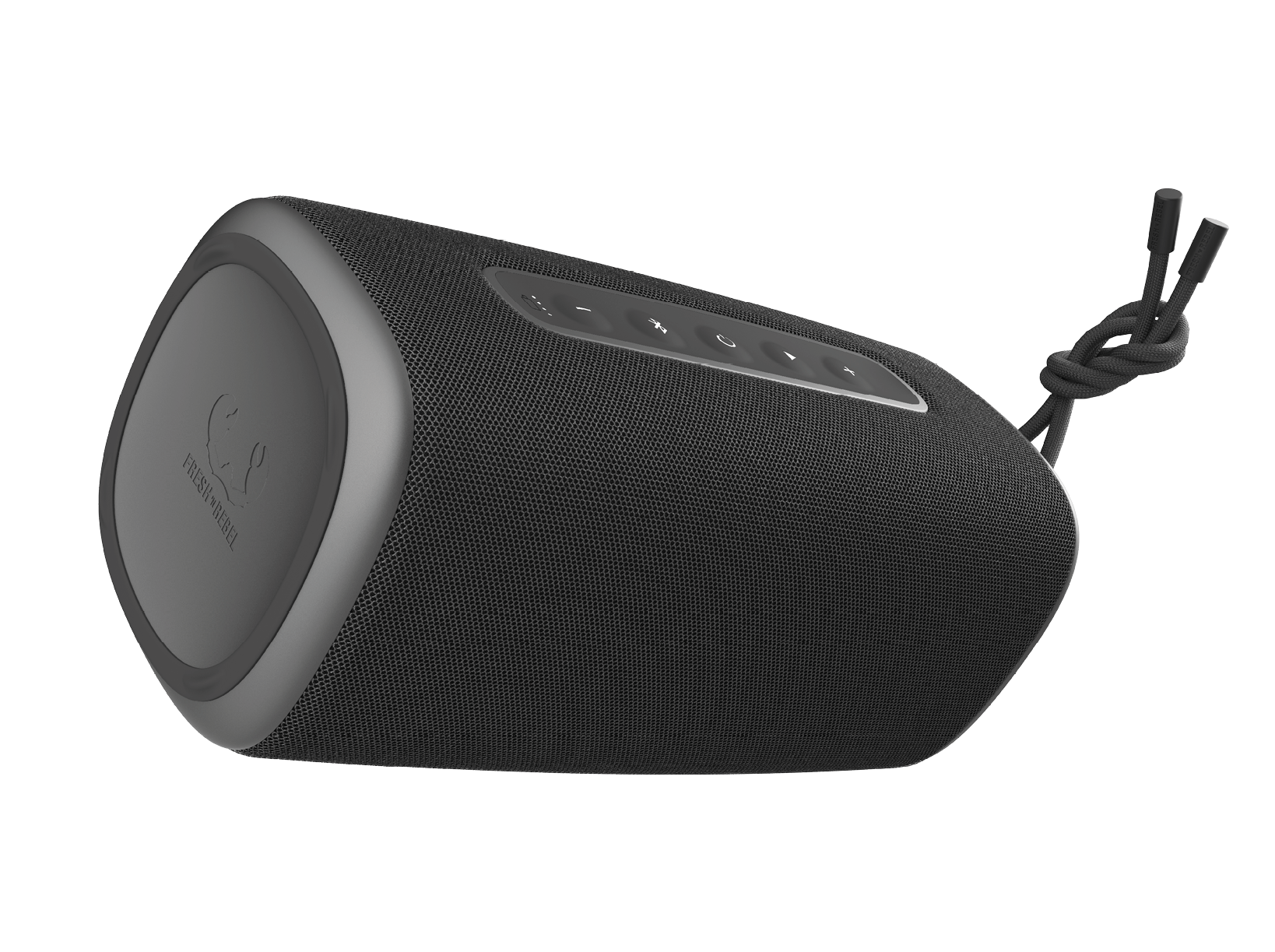 Haut-parleur portable noir avec une poignée. Il possède des boutons et un logo sur le côté.