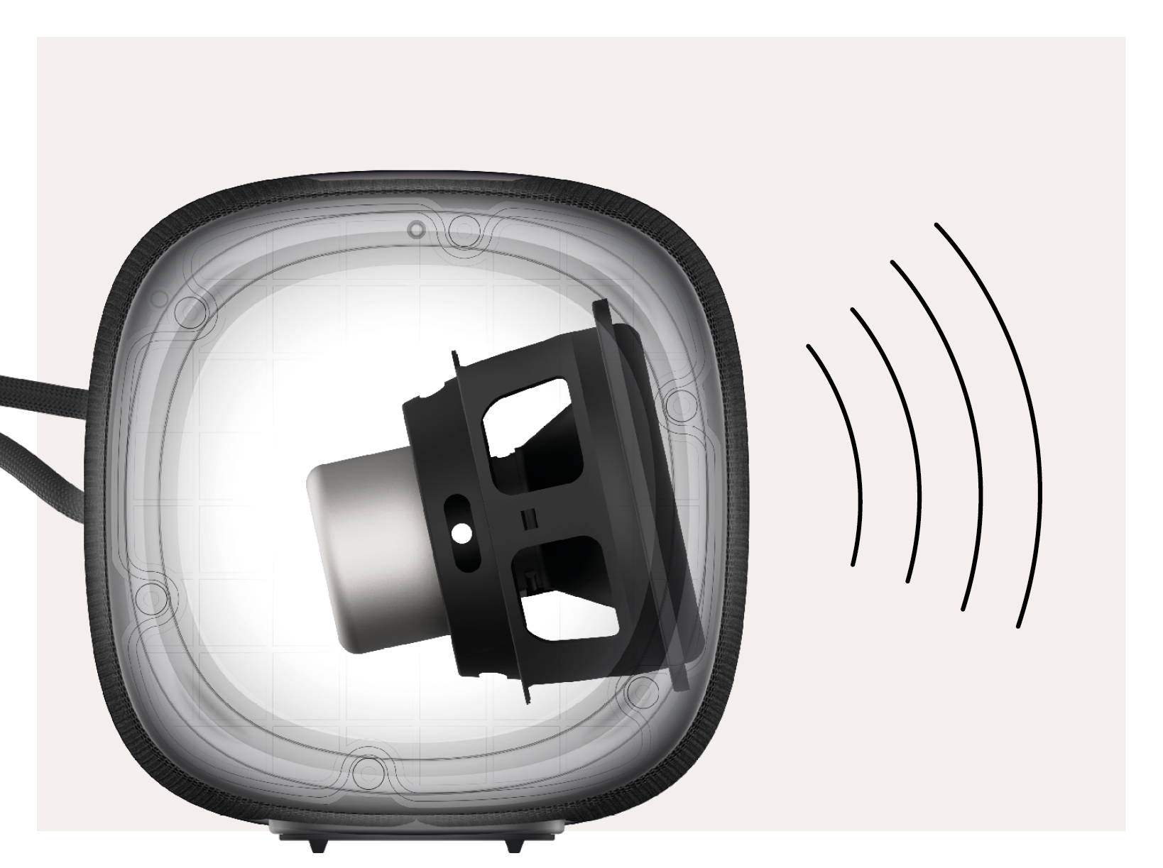 Une coupe transversale d'un haut-parleur, montrant les composants internes et les ondes sonores émettant vers l'extérieur.