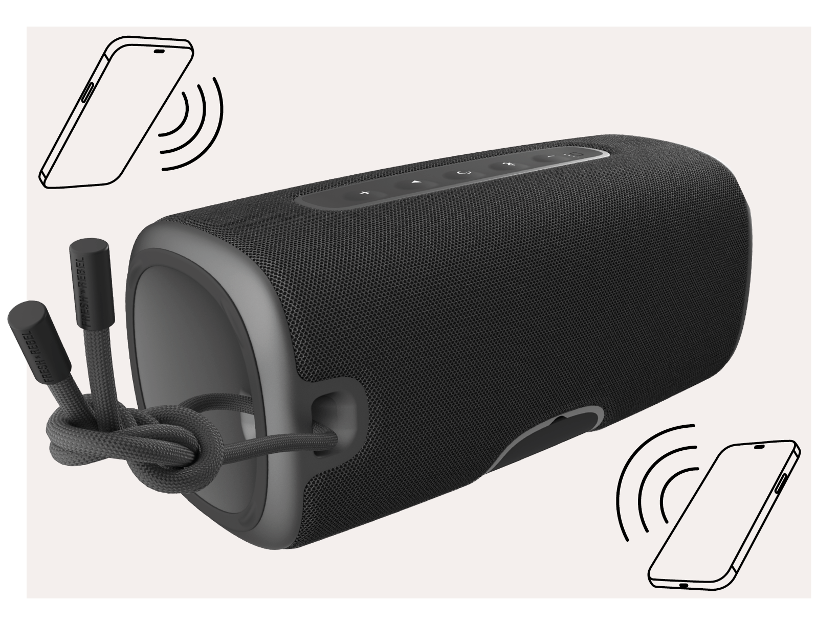Haut-parleur noir avec des icônes de téléphones, cordon noué. Téléphones avec signaux sans fil.