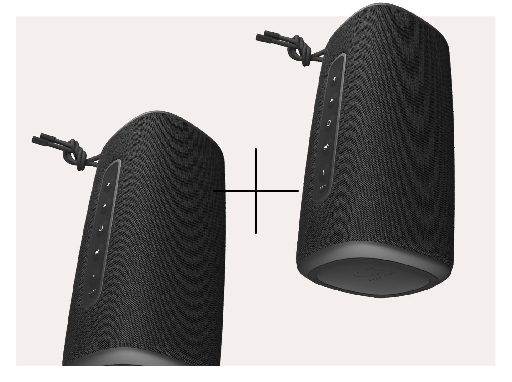 Deux enceintes cylindriques gris foncé. Chaque enceinte a des boutons et une corde suspendue.