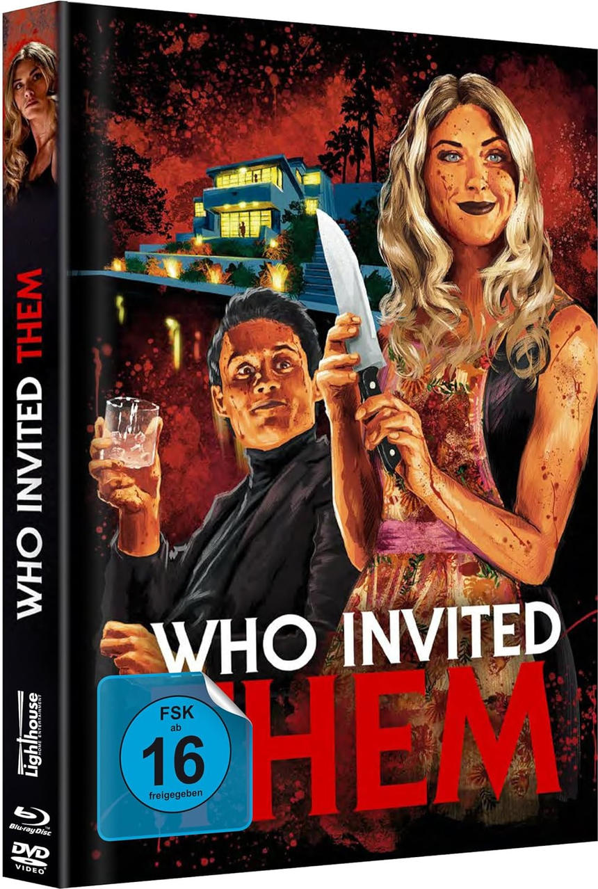 Filmcover: Eine Frau mit Messer und ein Mann mit Glas. Text: Wer hat sie eingeladen.