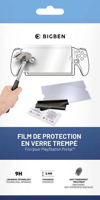 Emballage de protection d'écran avec marteau, montrant installation et caractéristiques de protection.