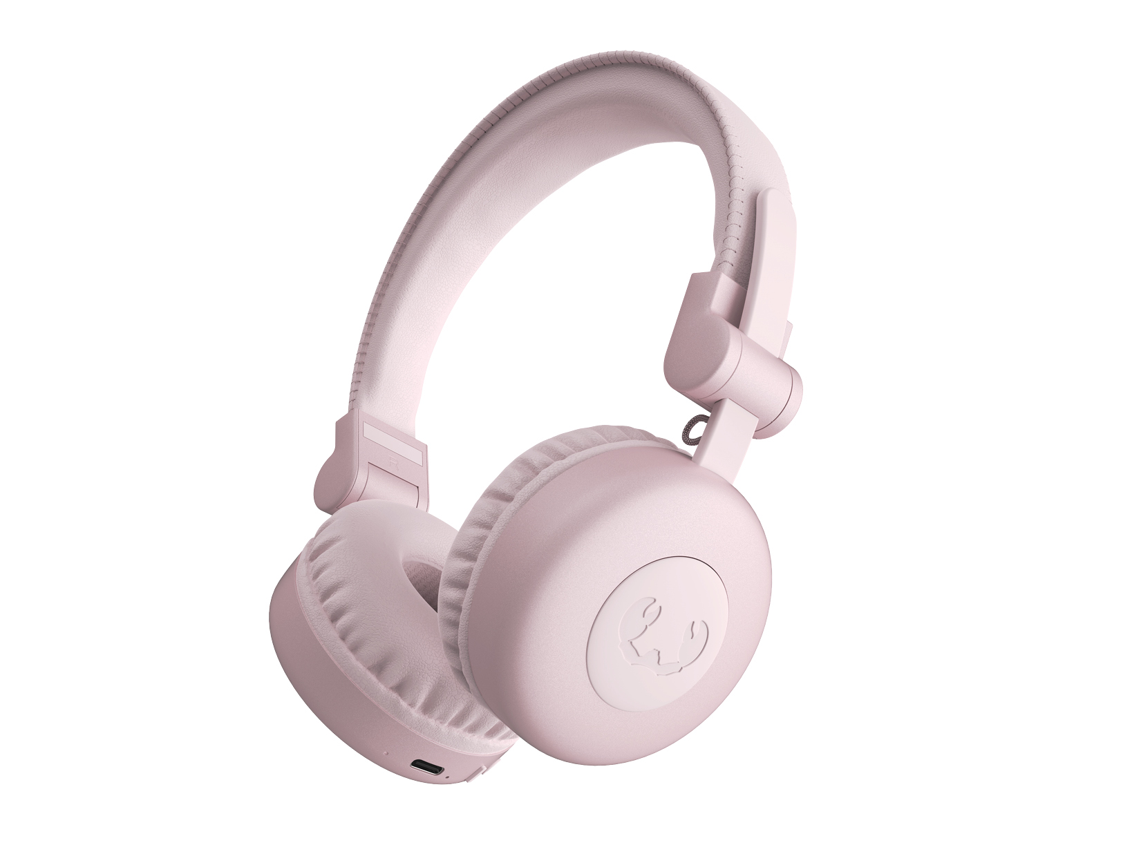 Casque rose. Style circum-auriculaire. Fond blanc. Design moderne, lignes épurées.