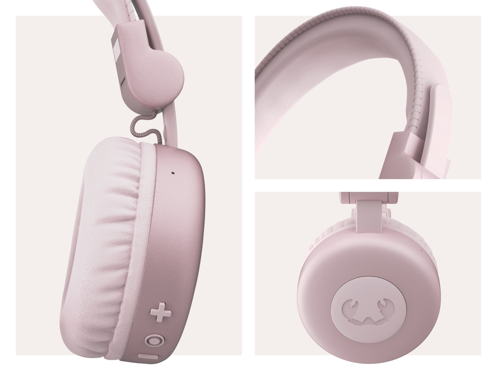 Un casque rose avec des détails, dont l'écouteur, l'oreillette et une vue latérale, sur fond blanc.