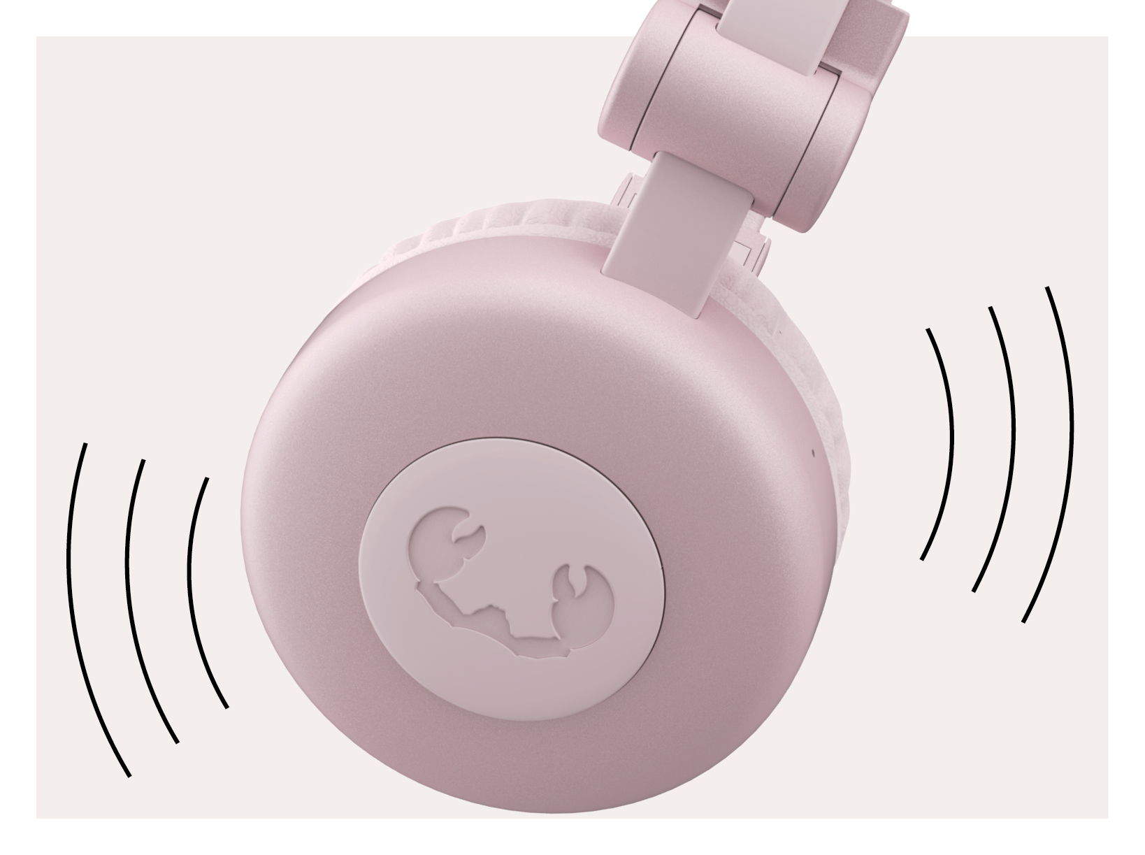 Casque rose, gros plan sur l'écouteur et ondes sonores qui en émanent.