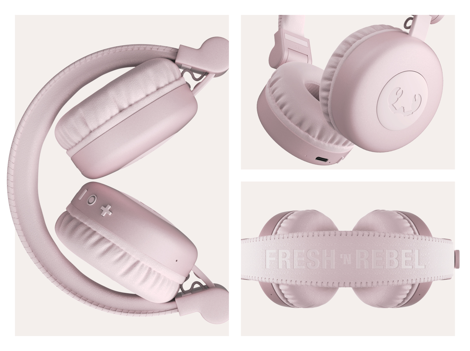 Casque rose plié, avec détails des écouteurs et du bandeau affichés.