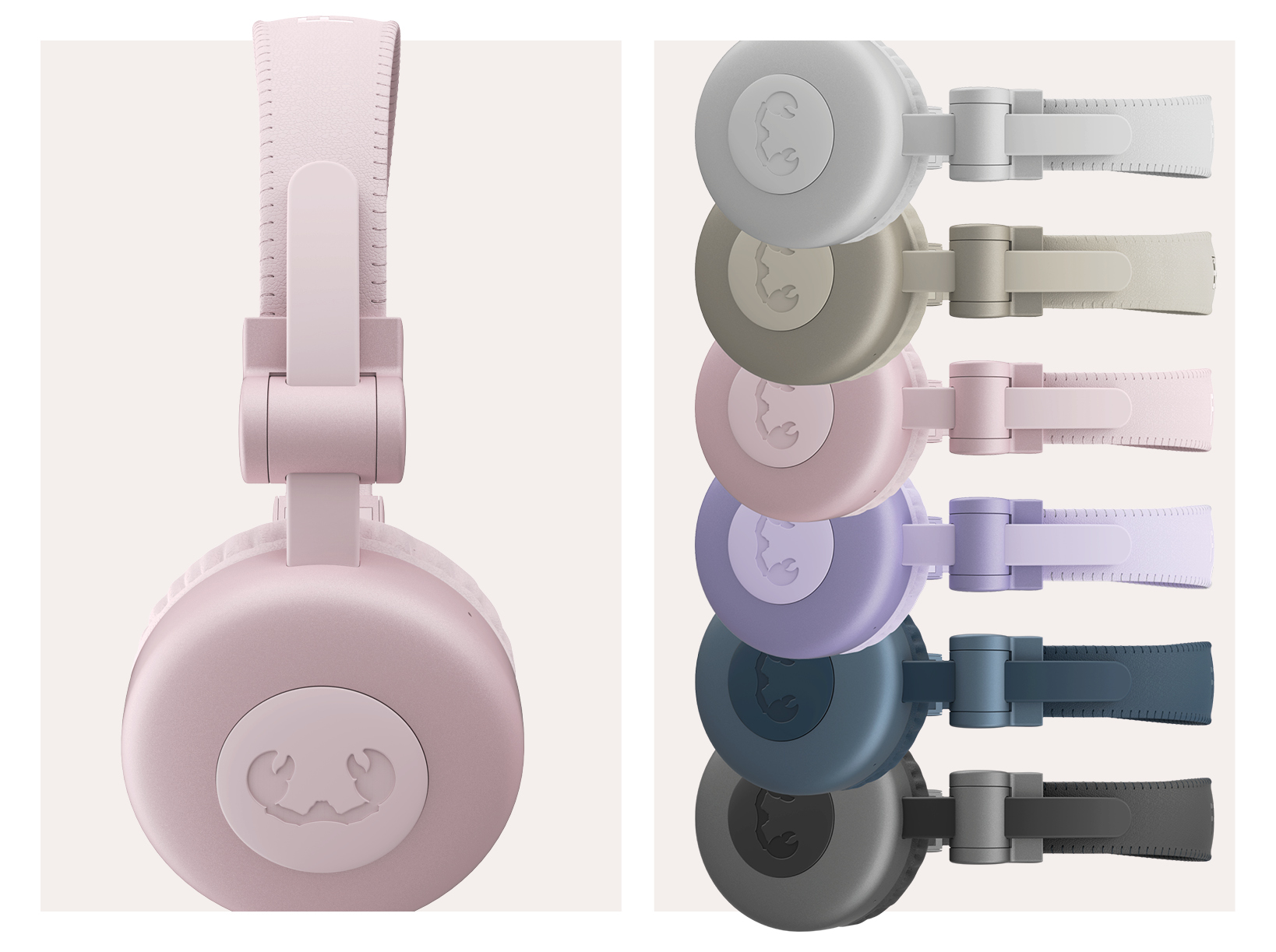 Casque rose avec écouteurs et bandeau. Vue latérale montrant diverses options de couleur.