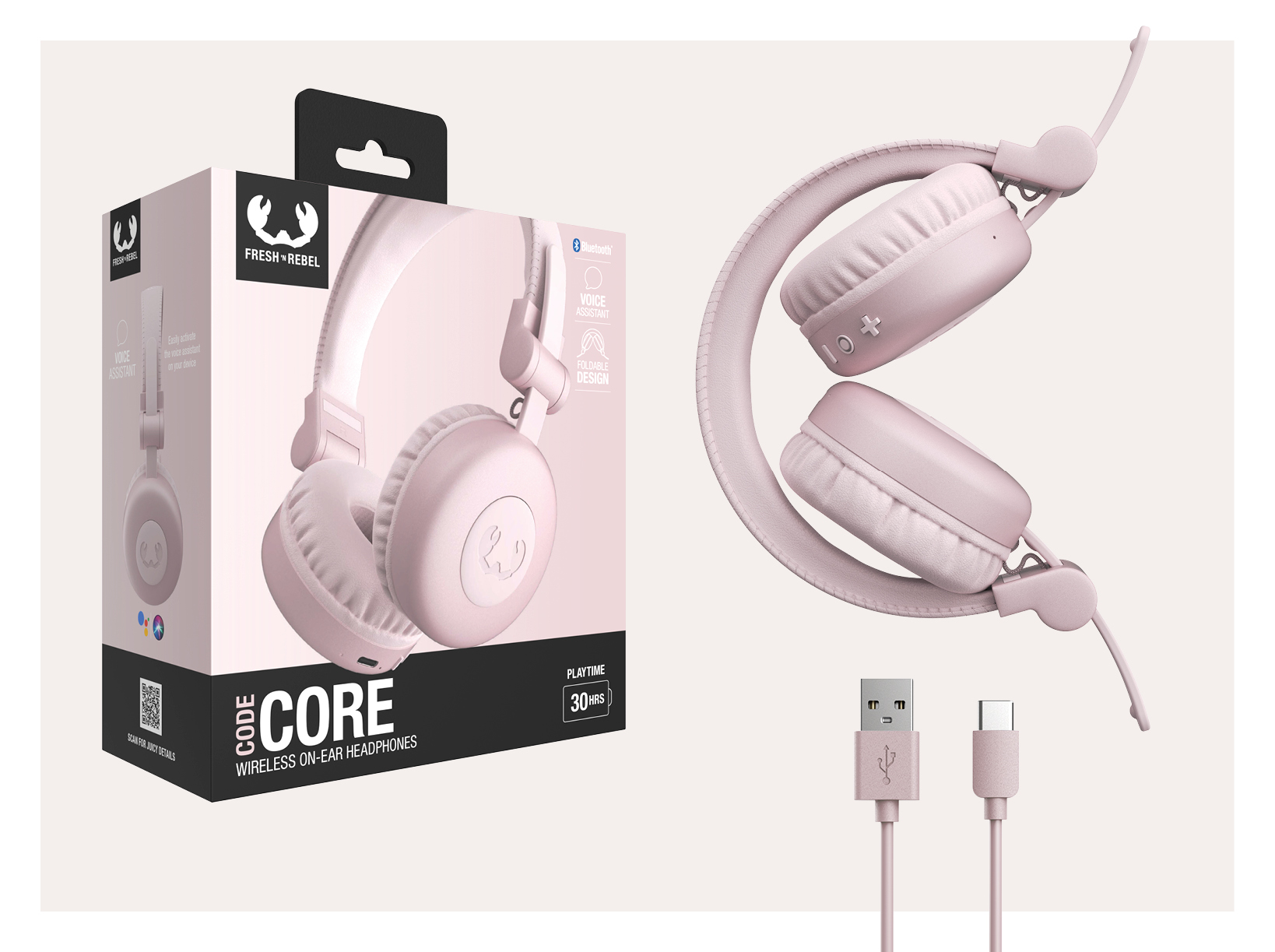 Casque rose plié. Une boîte avec le casque et les cordons est à gauche.