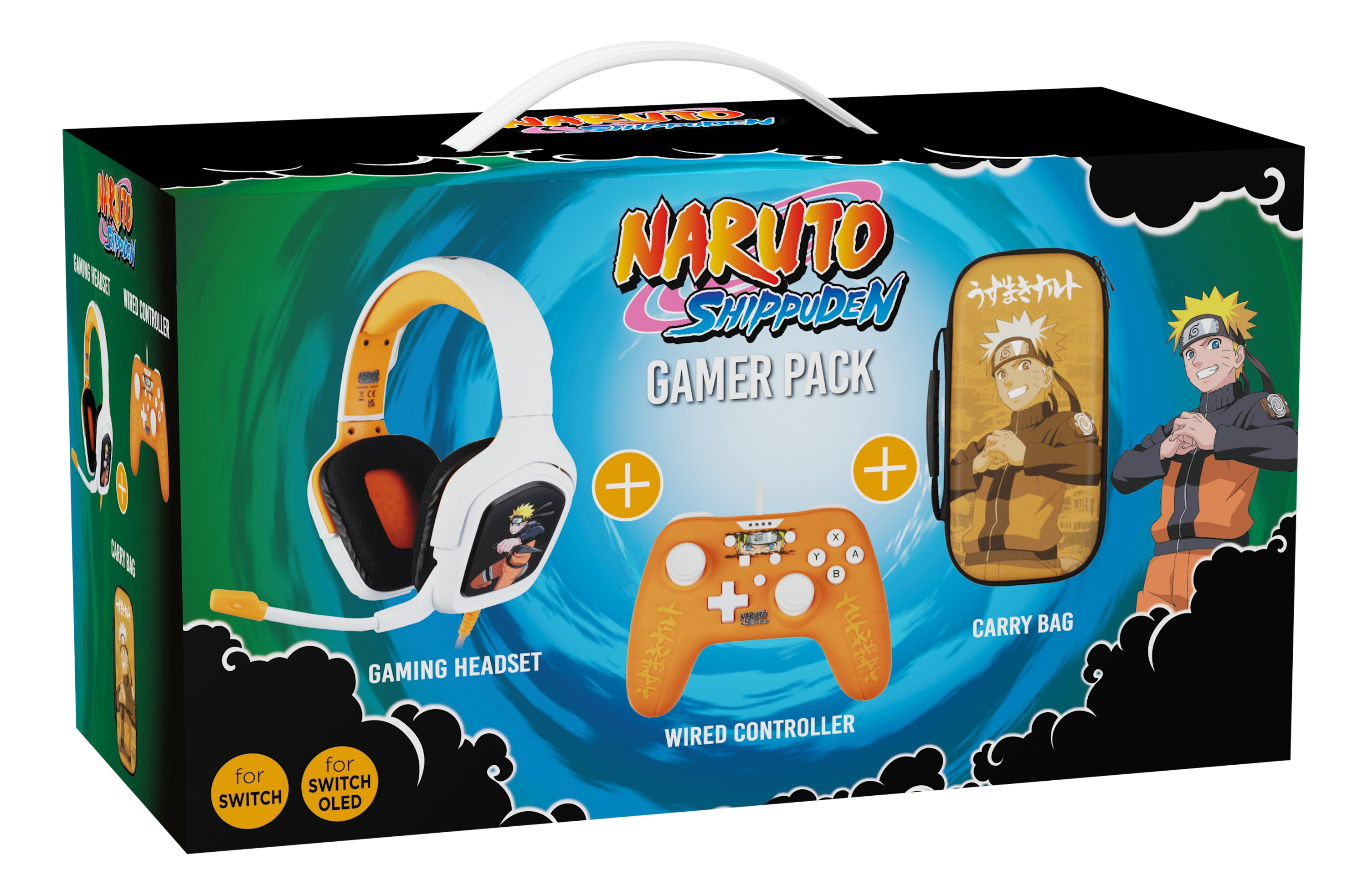 Pack de jeu Naruto Shippuden. Comprend un casque, une manette et un sac de transport avec des graphismes Naruto. Pour Switch/OLED.