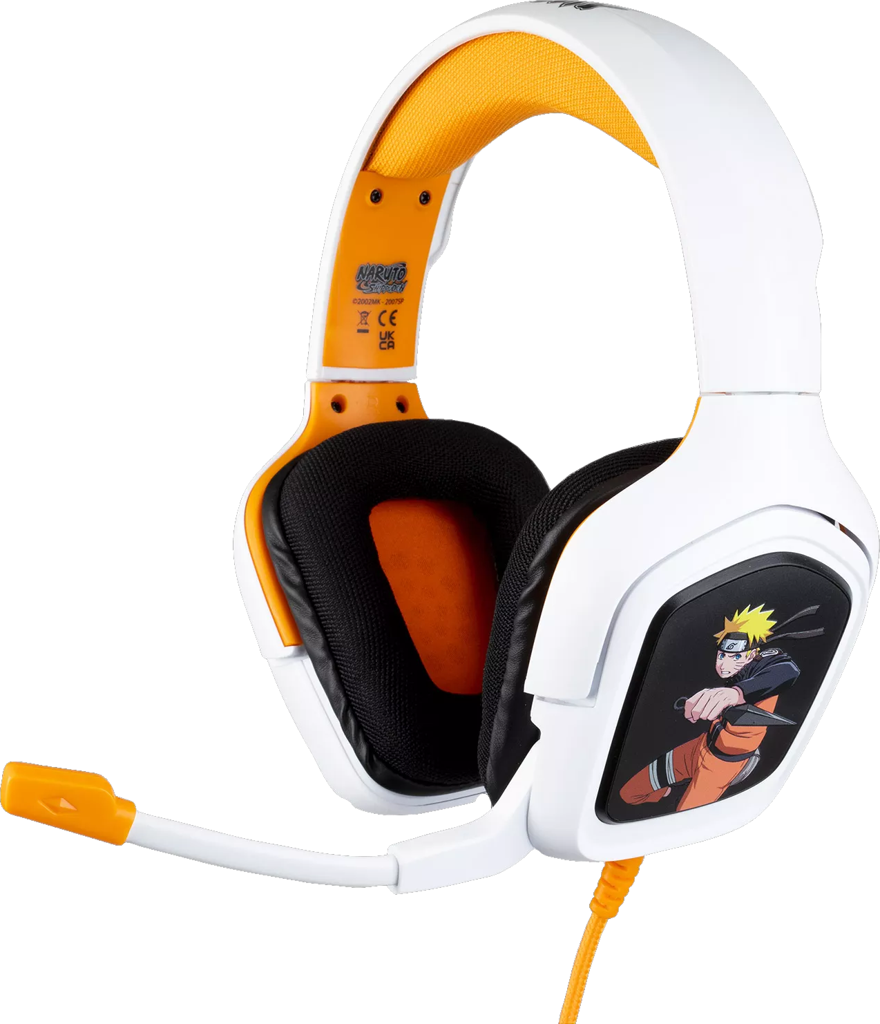Casque de jeu blanc et orange sur le thème de Naruto avec un microphone.