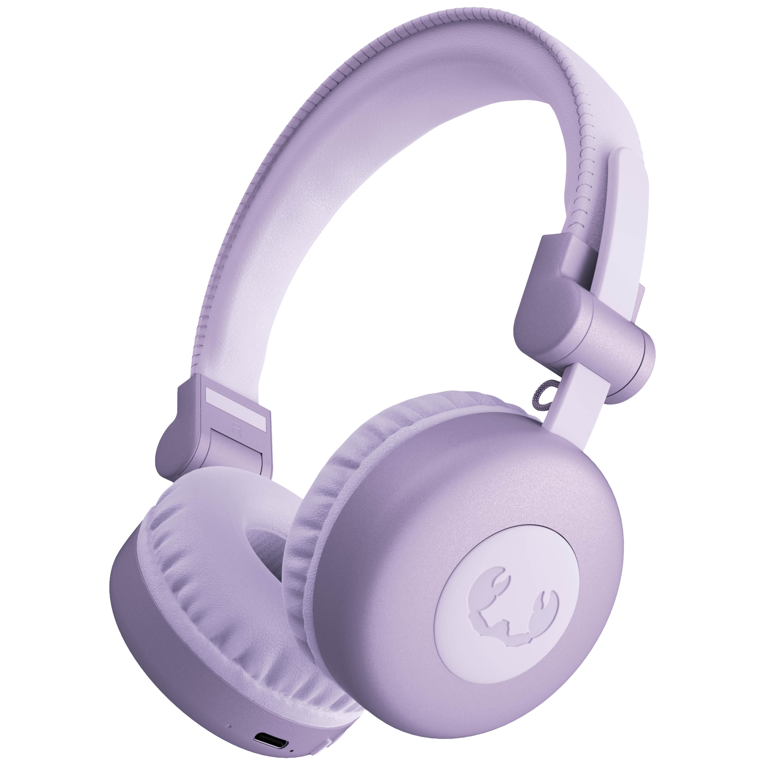Casque audio lavande sur fond blanc. Le casque a un écouteur rond avec un logo blanc et un bandeau.