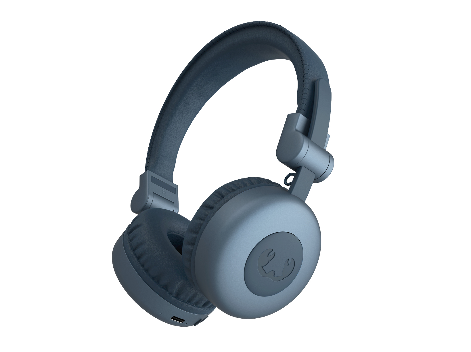 Casque bleu, de type circum-auriculaire, sur fond blanc. Le casque a un logo.