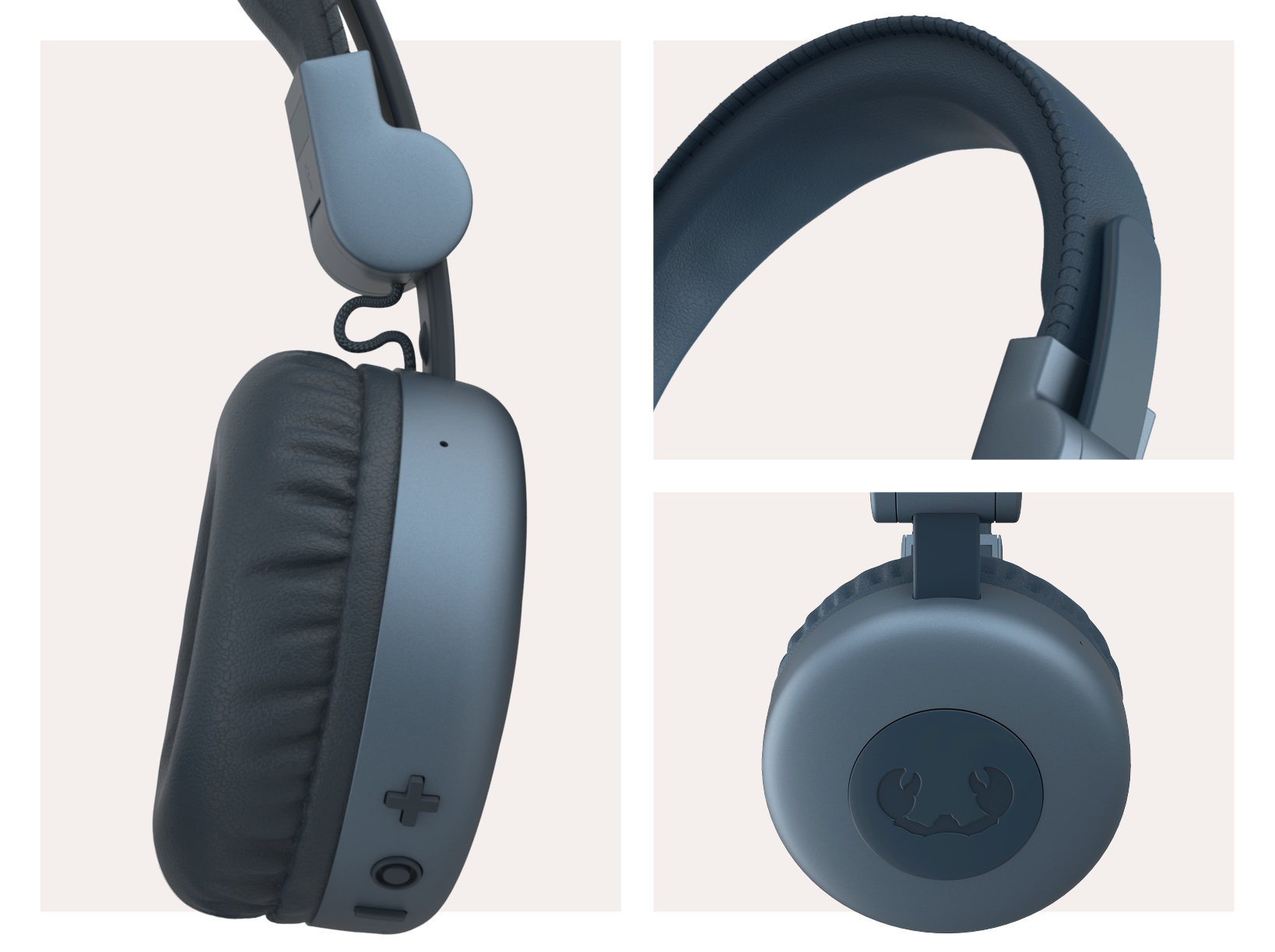 Casque bleu avec vues détaillées. Détail latéral, détail du bandeau et détail inférieur.