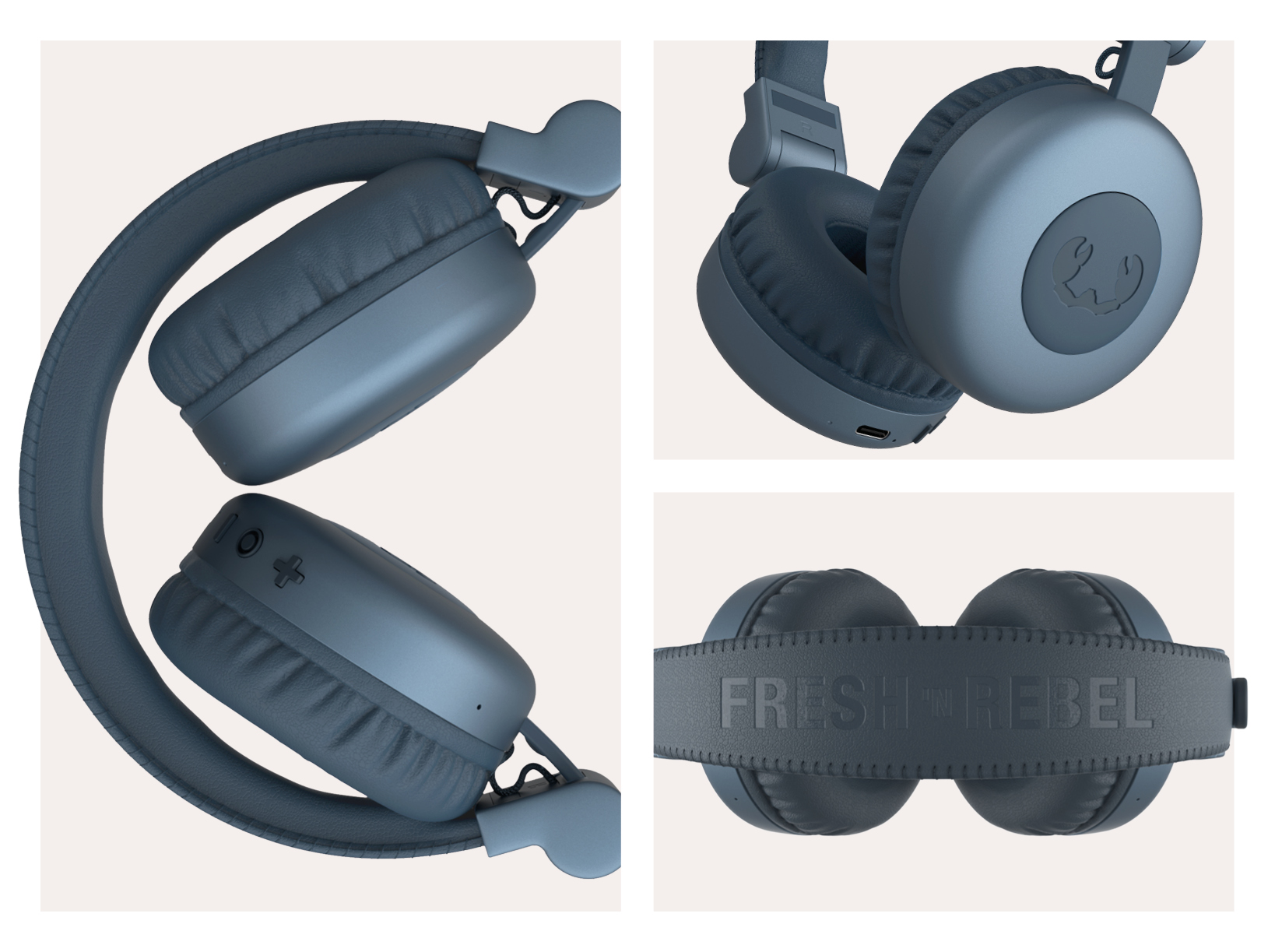 Trois vues d'un casque bleu plié. Détails des oreillettes et du bandeau avec un logo.