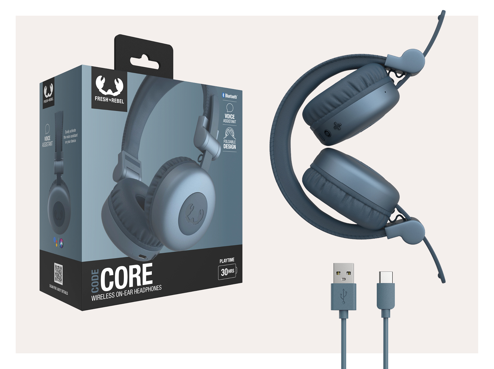 Casque et boîte. Casque gris et plié. Boîte montre casque et fonctionnalités.