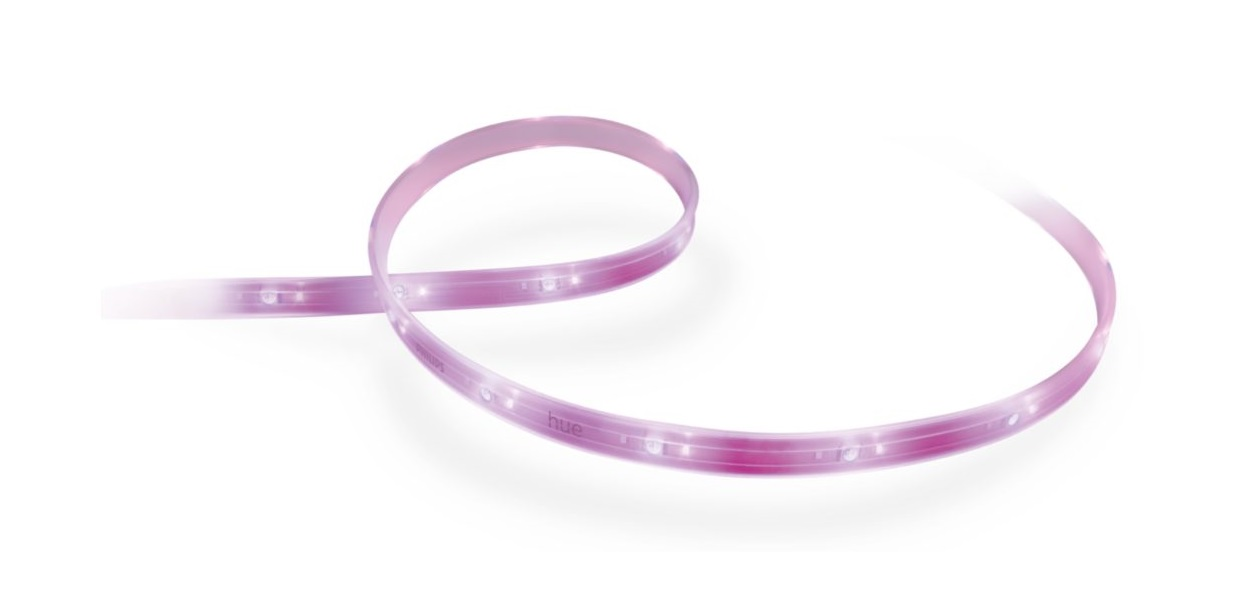 Una striscia luminosa a LED rosa flessibile, arrotolata e posizionata su uno sfondo bianco.