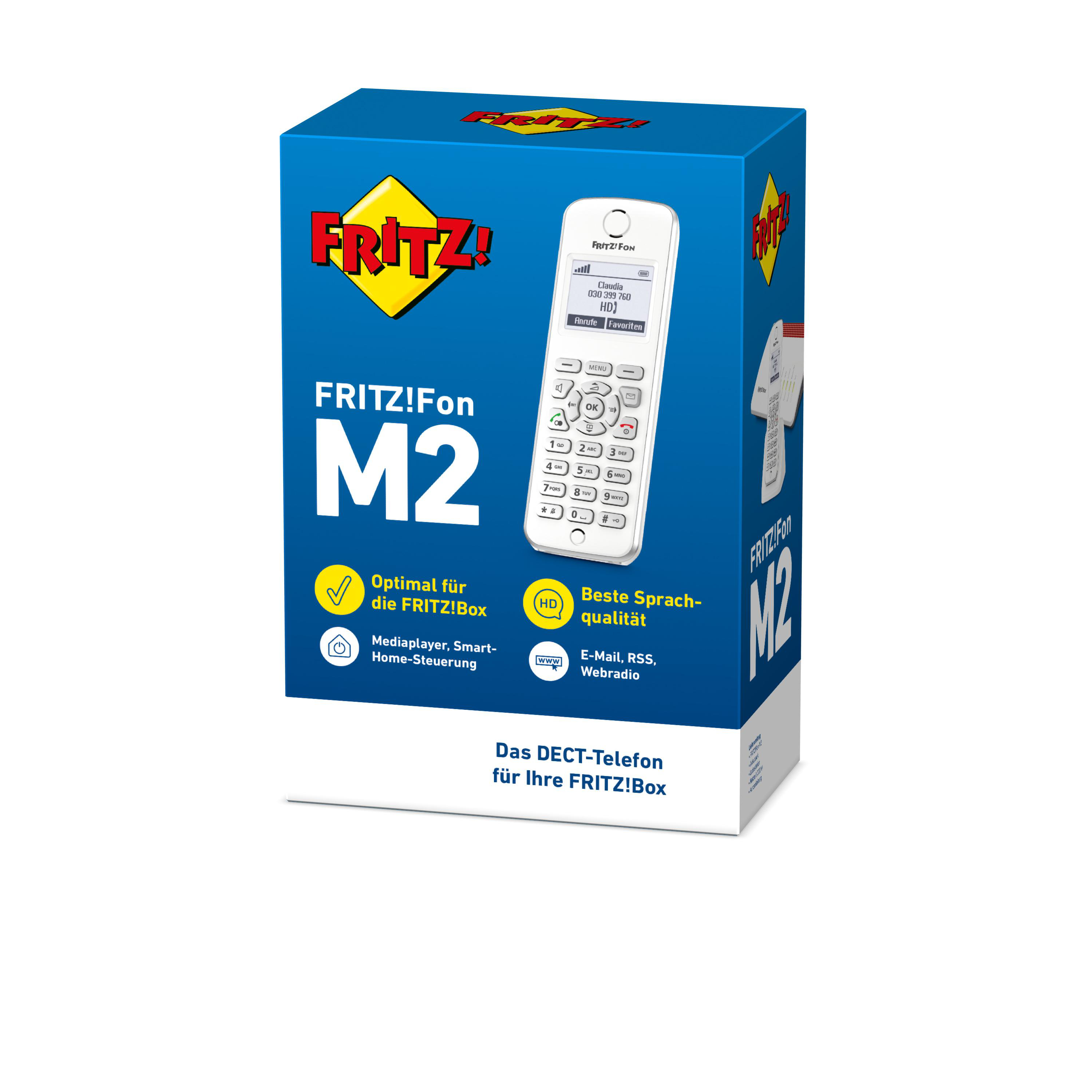Eine blaue Box des FRITZ!Fon M2 DECT-Telefons, mit einem kleinen Telefonbild darauf.