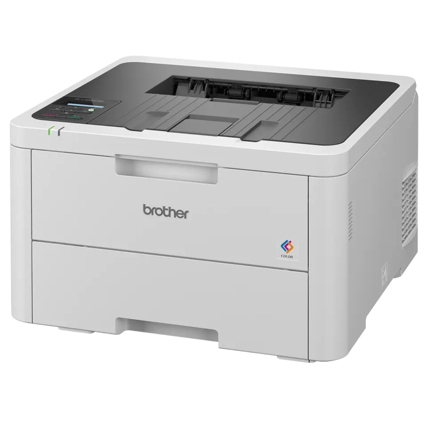 White and gray Brother printer with a black top and color logo.