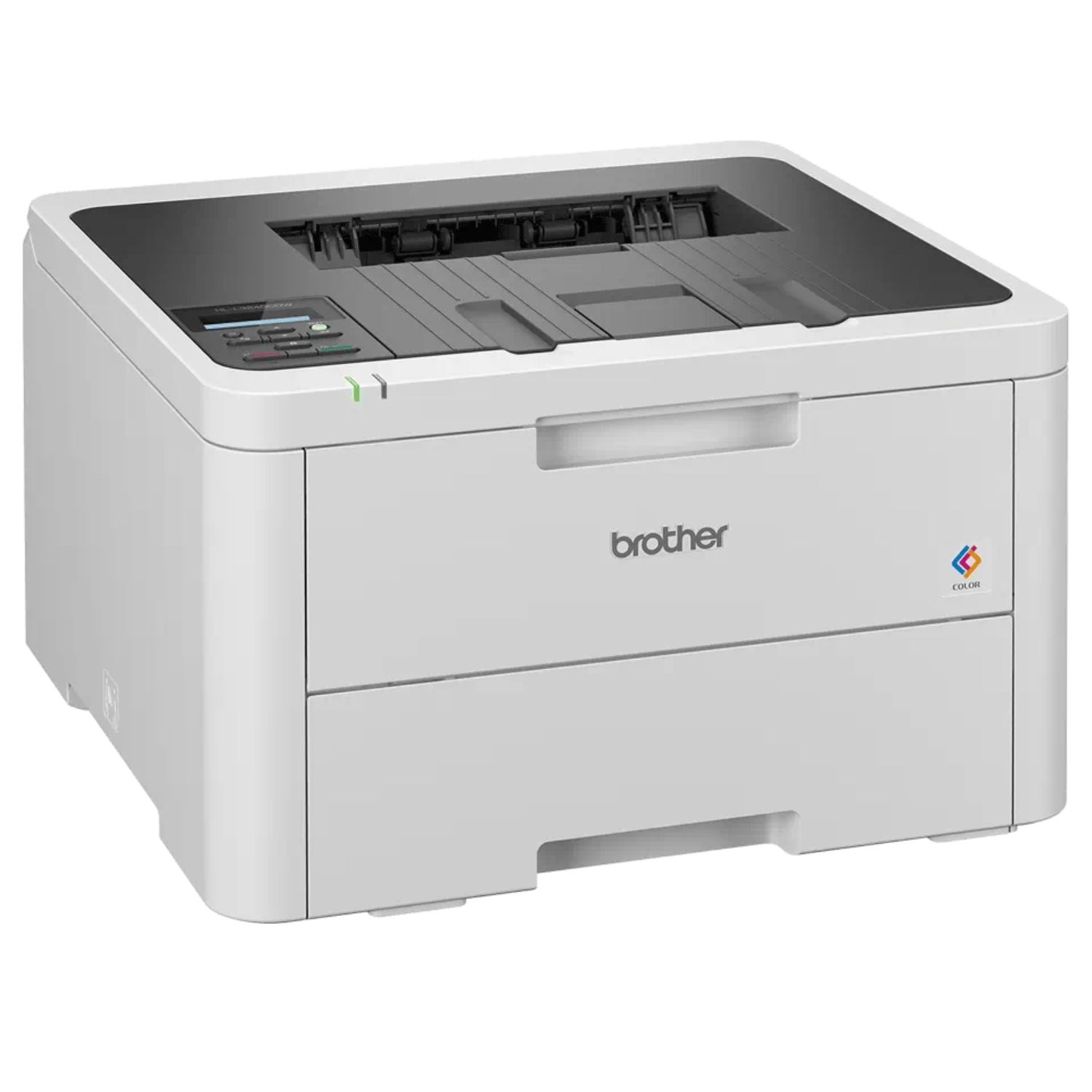 A white Brother color printer with a black top and color print logo on the side.