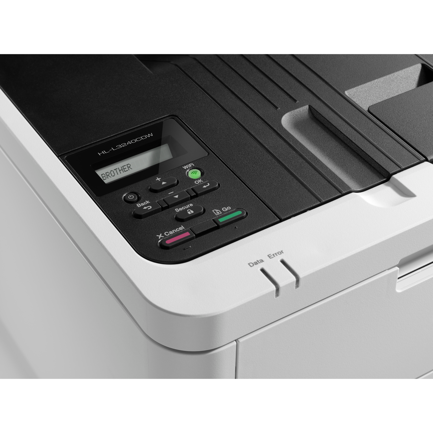 Close-up of a Brother printer's control panel, with a small screen and buttons.