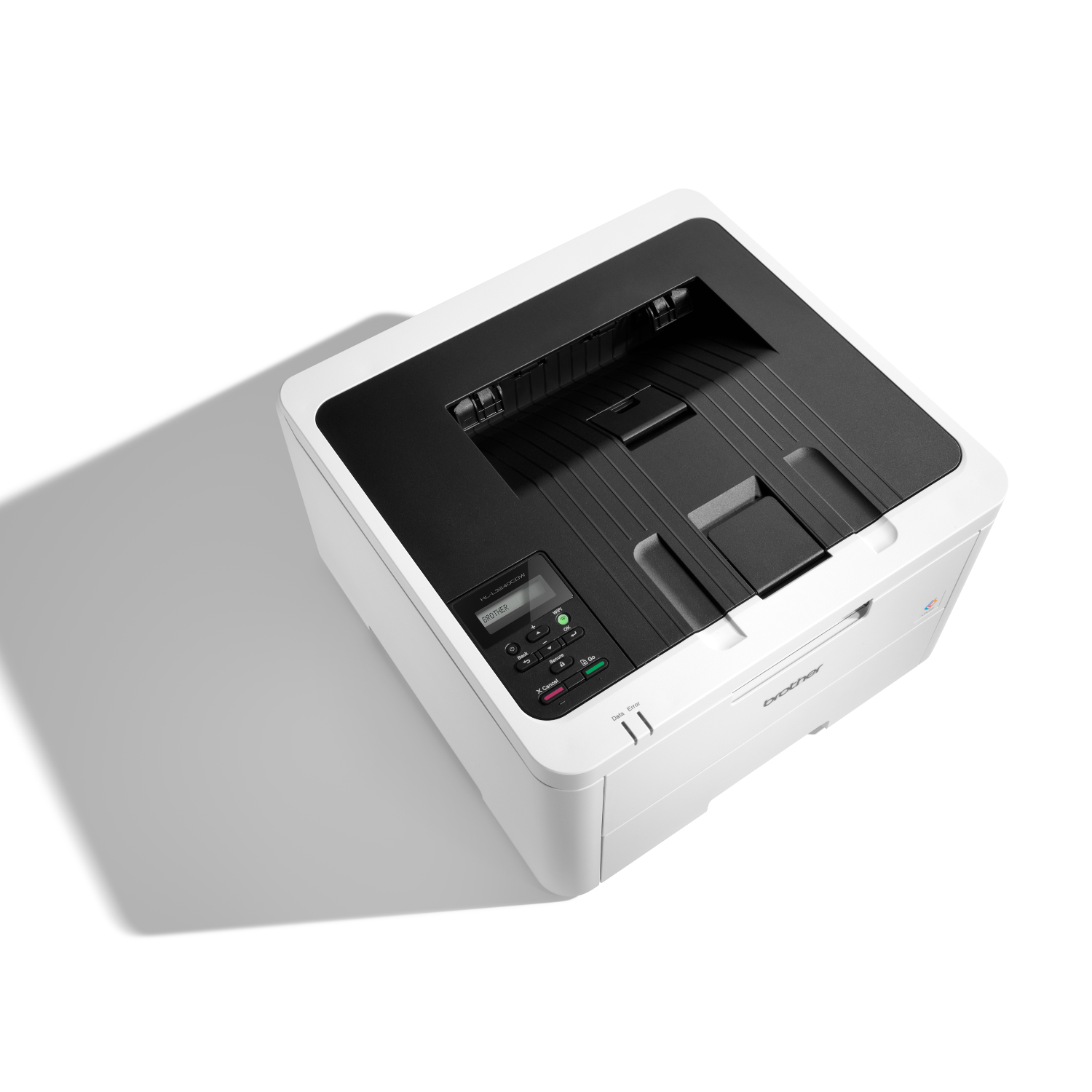 A white Brother printer, top view, with a shadow cast to the left side.
