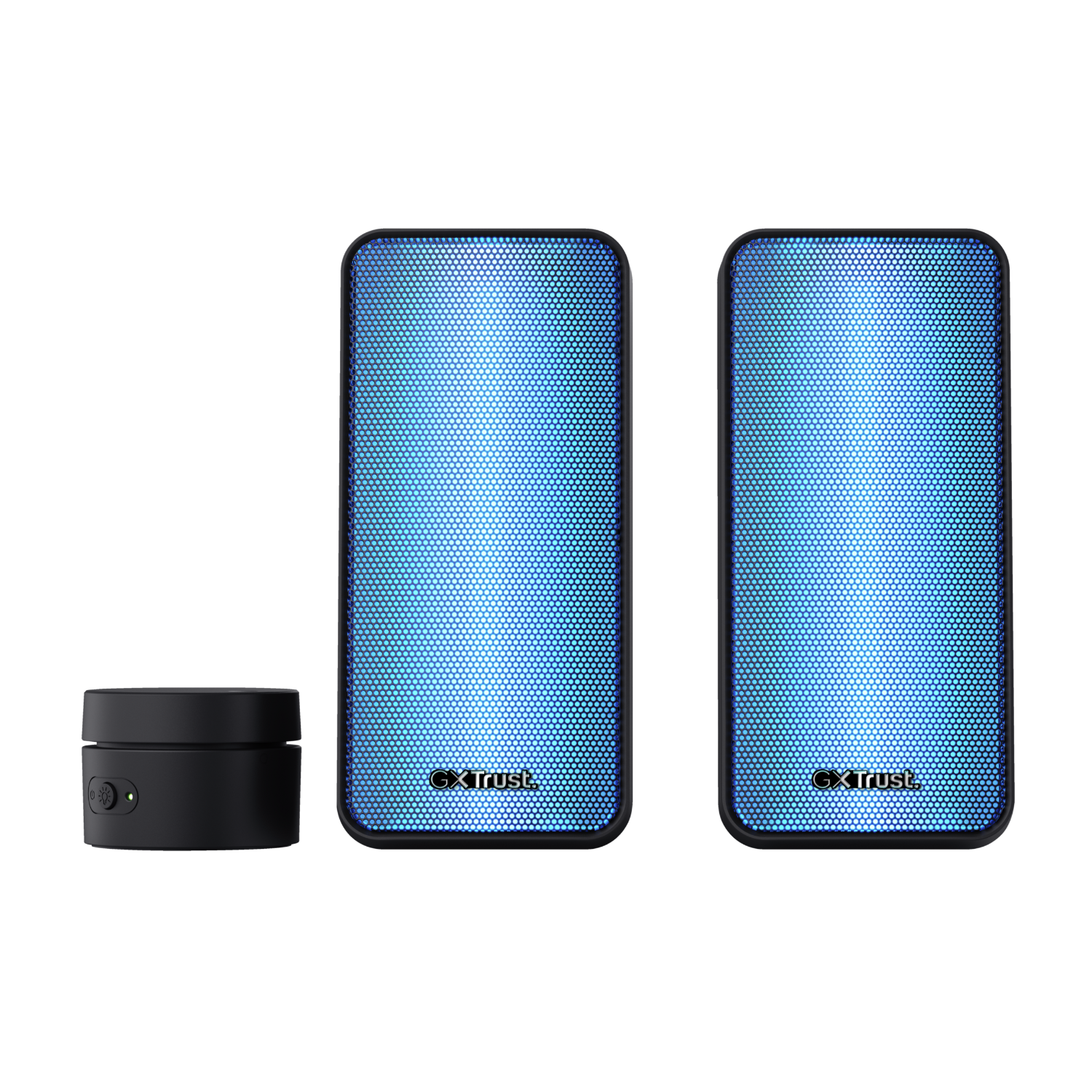 Two blue-lit speakers and a small black control module on a black background.
