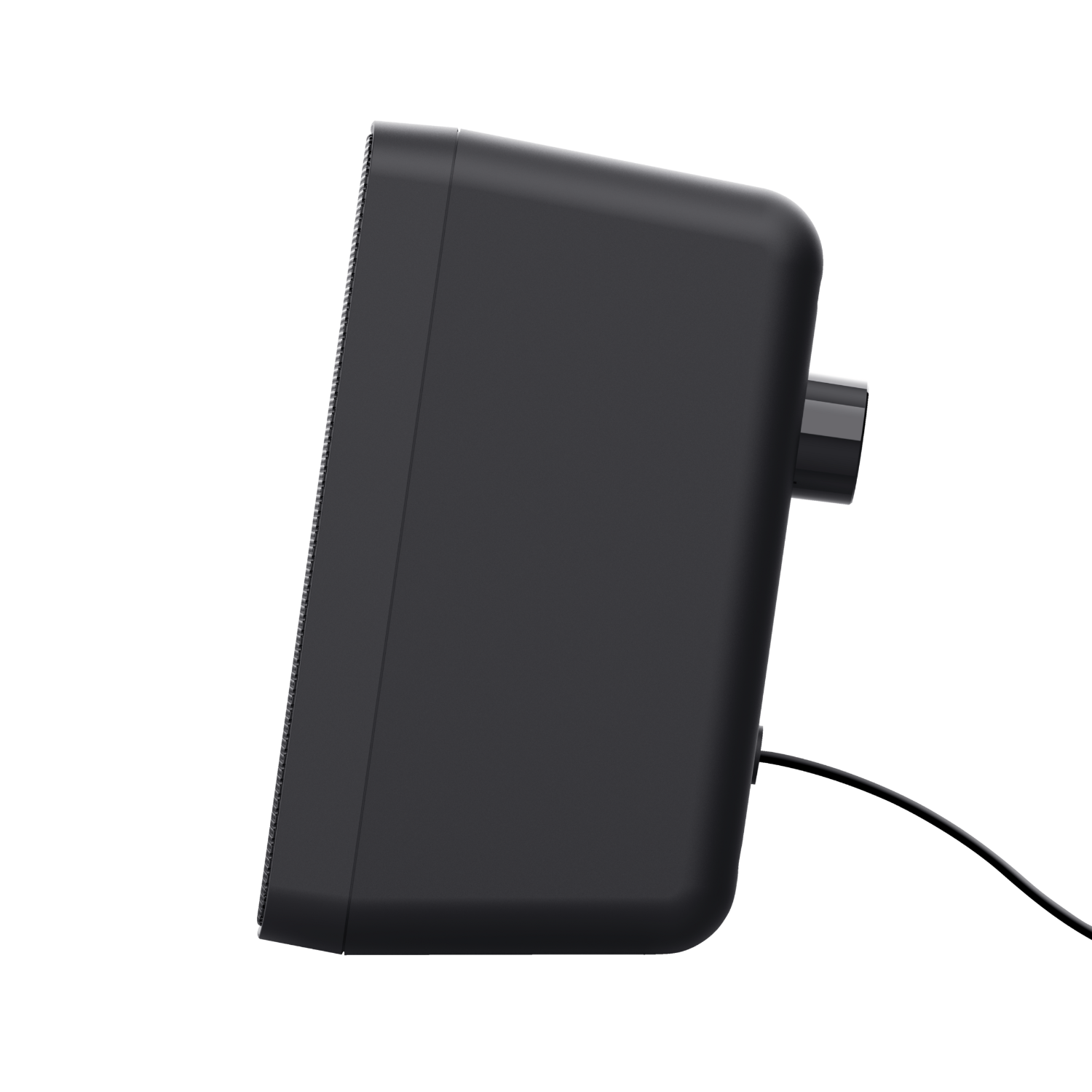 Black speaker with a volume knob. It has a mesh front and a power cable.