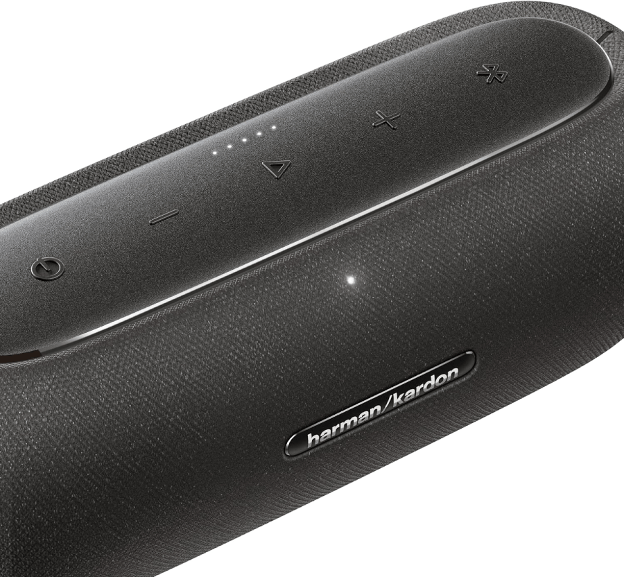 Un altavoz negro de forma ovalada con botones en la parte superior, fondo blanco.