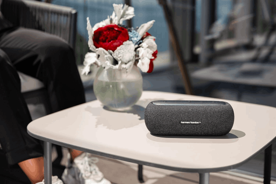 Un altavoz gris sobre mesa con flores. Una persona sentada cerca.