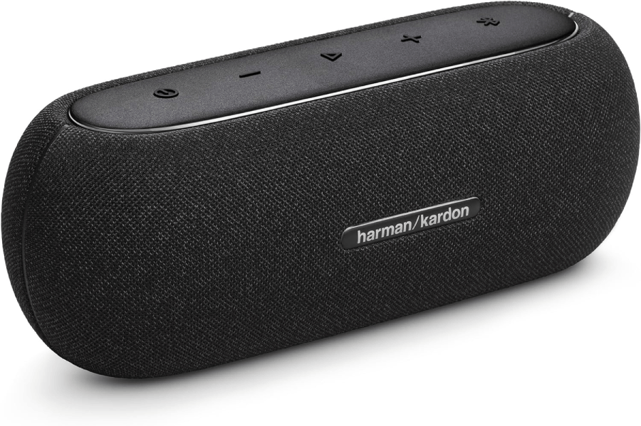 Altavoz cilíndrico negro con cubierta de tela y controles táctiles. La marca es visible.