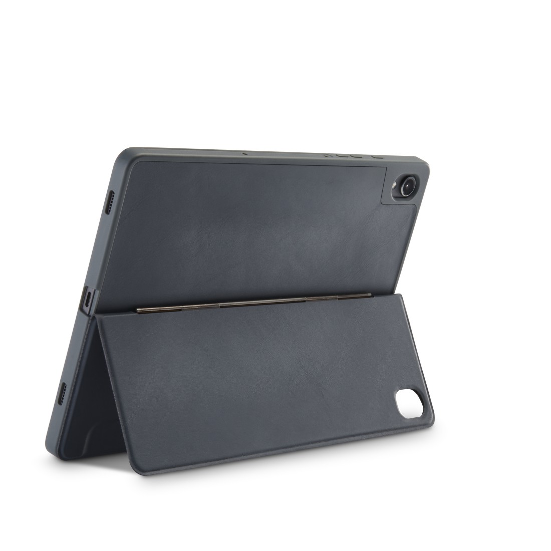 Tablet in dunkler grauer Hülle, teilweise geöffnet, vor weißem Hintergrund.