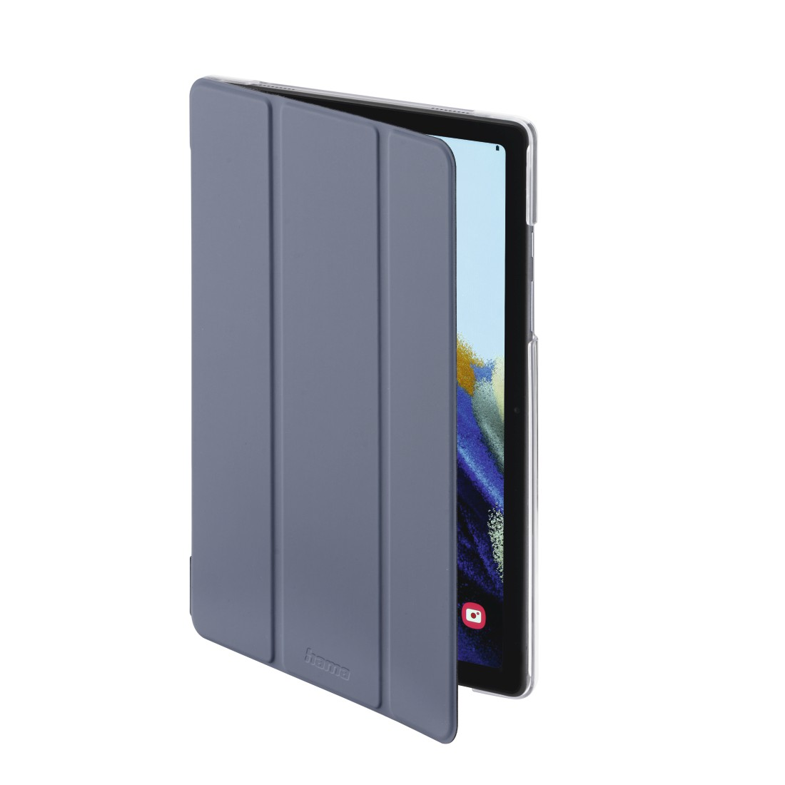 Blaues Tablet in einer Hülle, die Hülle ist offen. Das Tablet ist auf weißem Hintergrund.