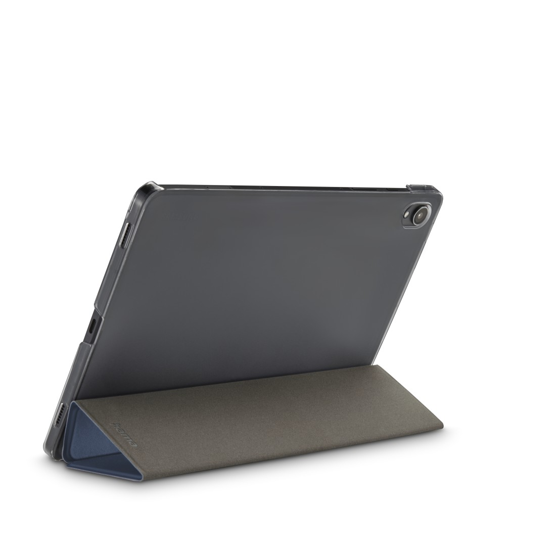 Tablet mit Hülle, aufgestellt. Die Hülle ist zu einem Ständer gefaltet. Weißer Hintergrund.