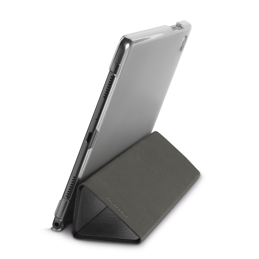 Ein Tablet in einer Hülle, das von einem dreieckigen Ständer getragen wird.