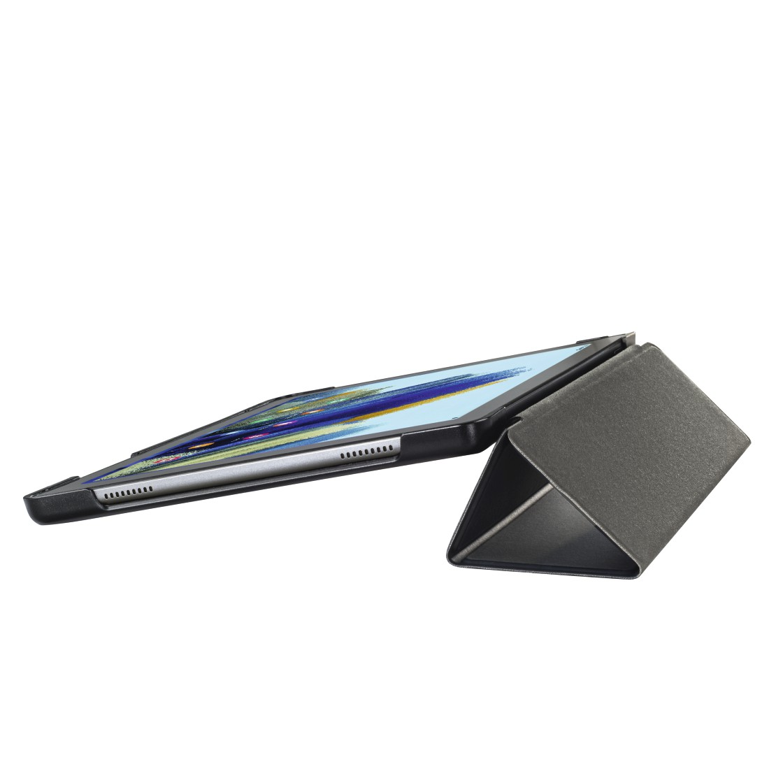 Tablet in dunkler grauer Hülle, in einem Winkel an der Hülle abgestützt.