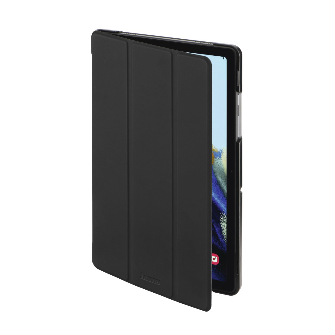 Schwarzes Tabletetui, teilweise geöffnet, das Tablet zeigend.