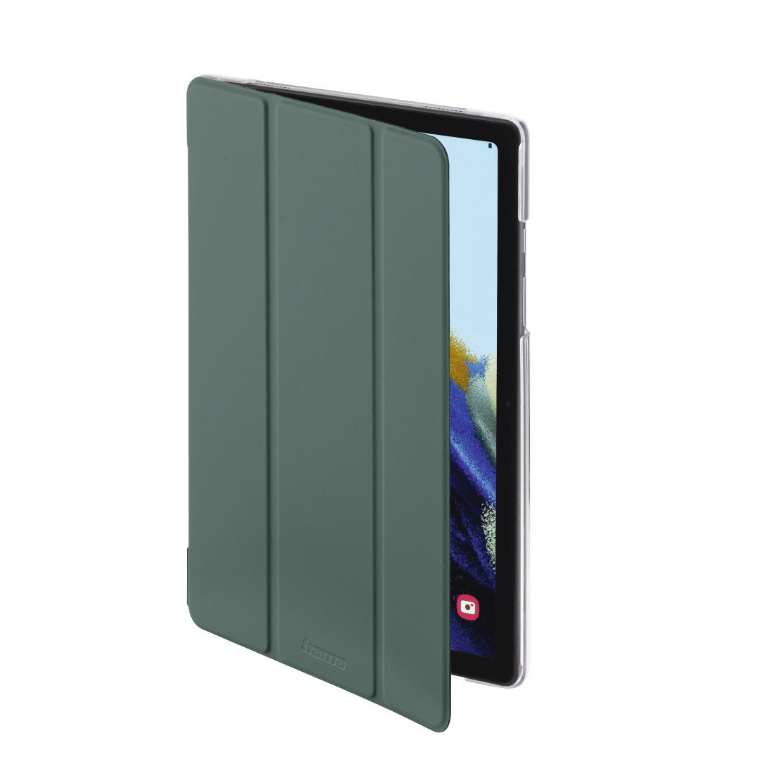 Grüne Tablethülle geöffnet, zeigt einen Tablet-Bildschirm.