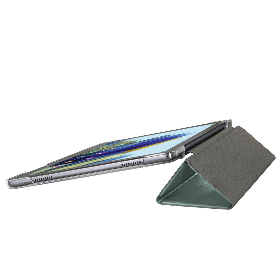 Ein Tablet in einer grauen Hülle steht auf einem grünen Dreiecksständer.