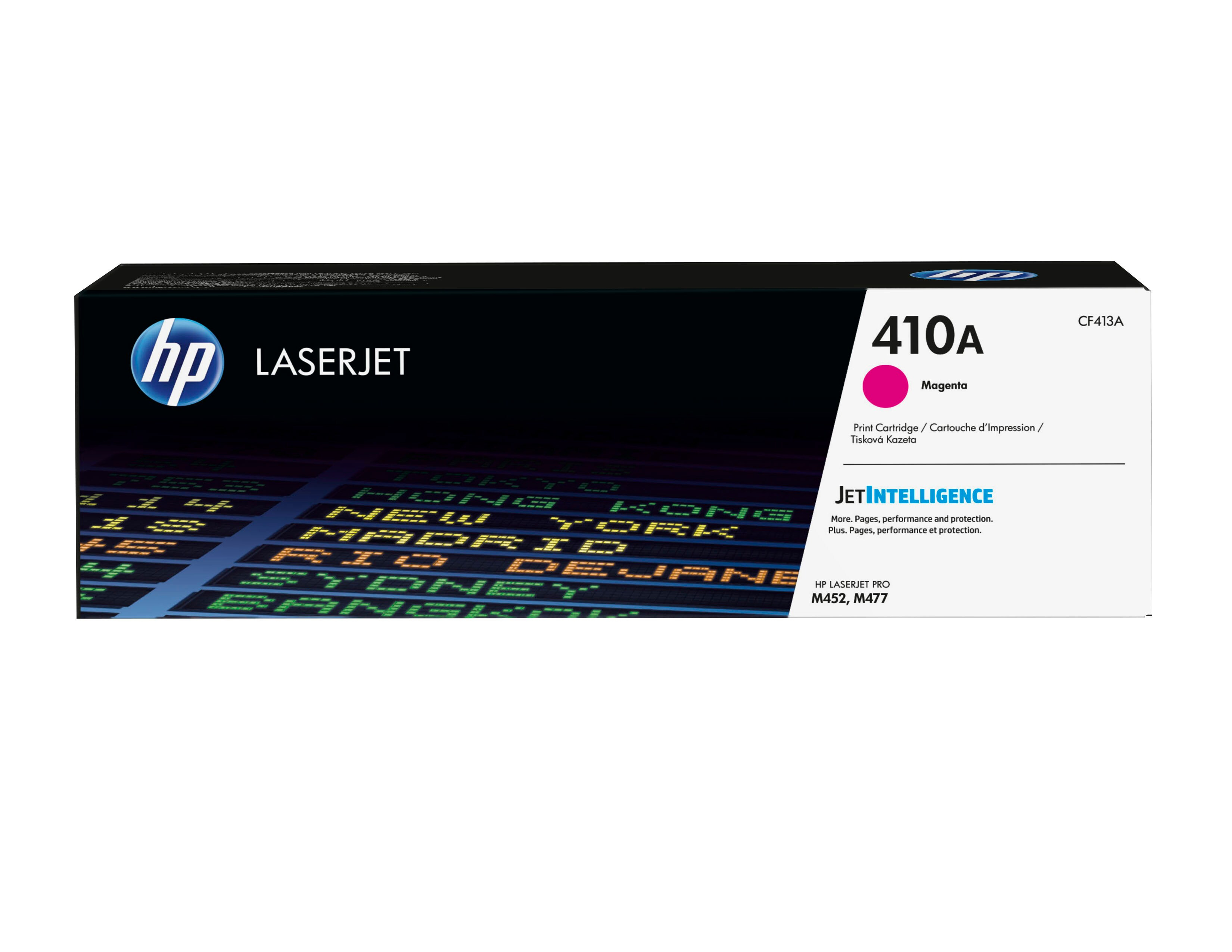 Eine magenta HP LaserJet Tonerkartusche mit dem Logo der Marke und Produktdetails auf der Verpackung.