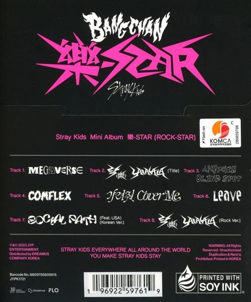 A Stray Kids ROCK-STAR mini album hátoldala számlistával és rózsaszín, tüskés betűtípusú címmel.